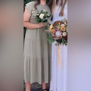 Bohme dusty sage green smocked and tiered dress size L